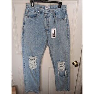 NWT PP-DNM Princess Polly Holly Jeans Size 8 Light Wash Assymmetric Ripped Leg